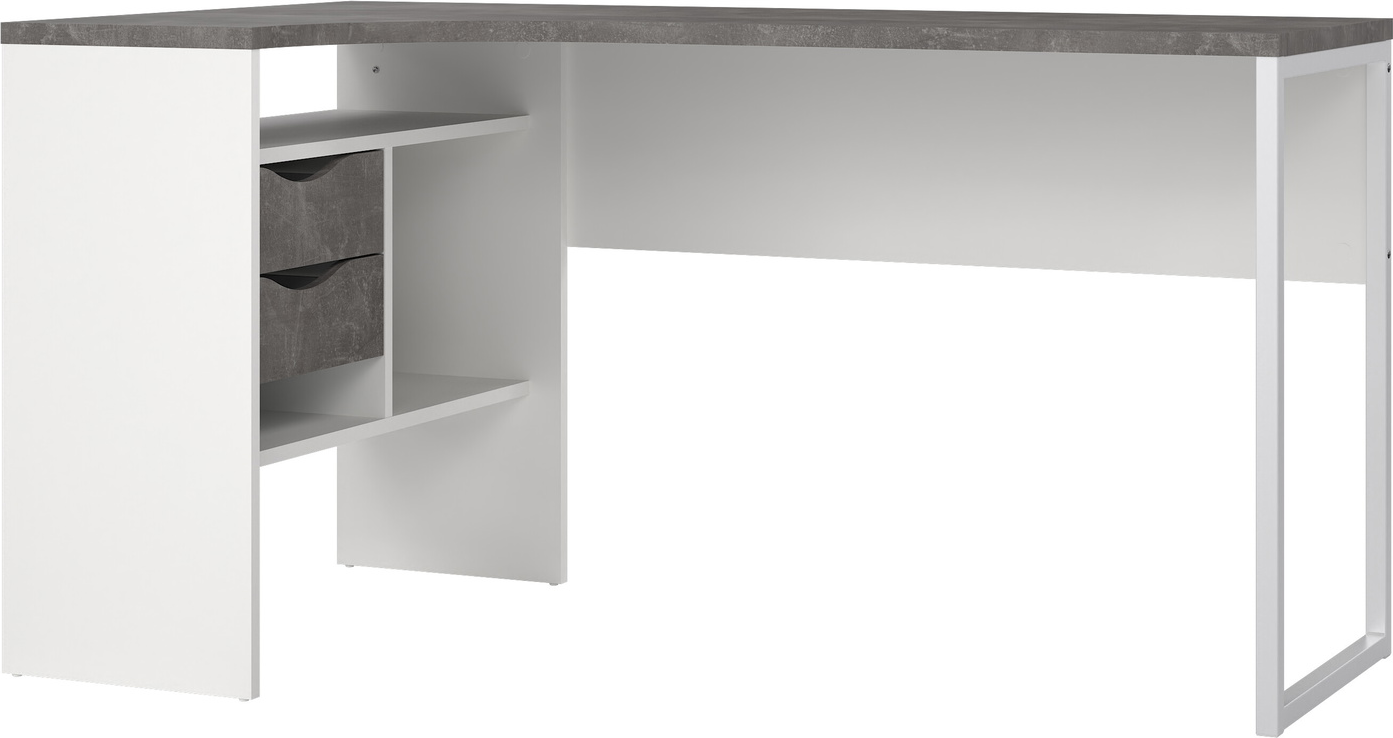 Skrivebord Vesterholm Function Plus  -formet Hjørneskrivebord Hvid Oxid Beton  Hvide Stålben  B145xd81 Cm    Skuffer