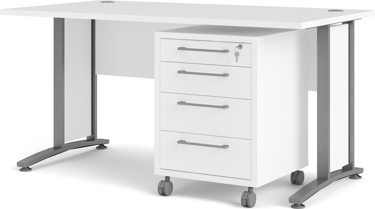 Skrivebord Vesterholm Prima 150x80 Cm Hvid Melamin Med Mobil Kassette På Låsbare Hjul  Stål Plast Ben  Dansk Design