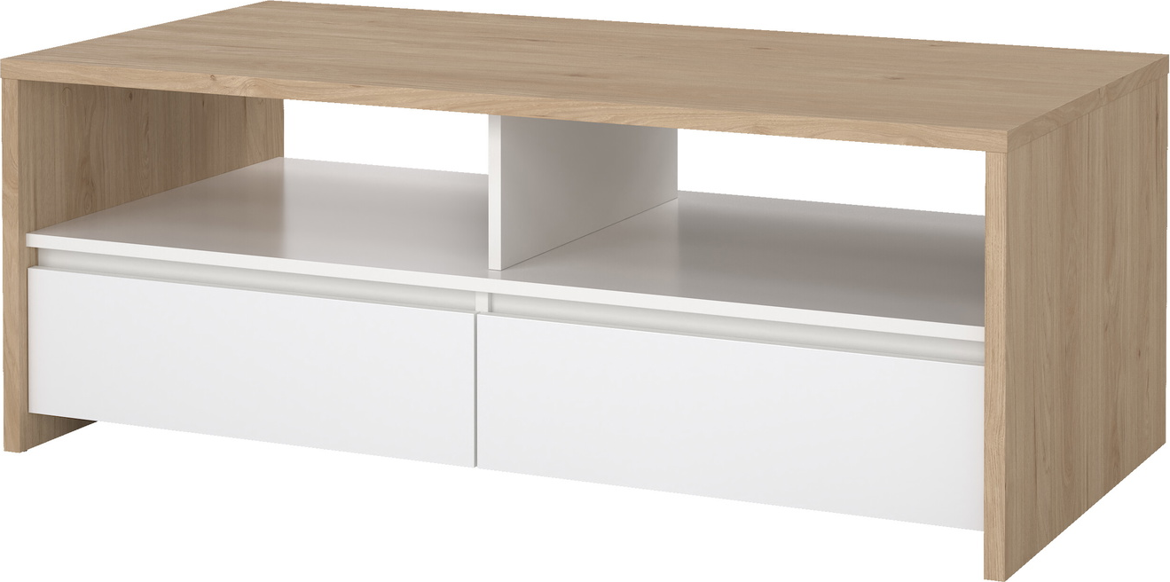 Sofabord Kaffebord Vesterholm Next 120x60 Cm Jackson Hickory Hvid Højglans Med   Skuffer  Hylde Og Fsc-certificeret Træ