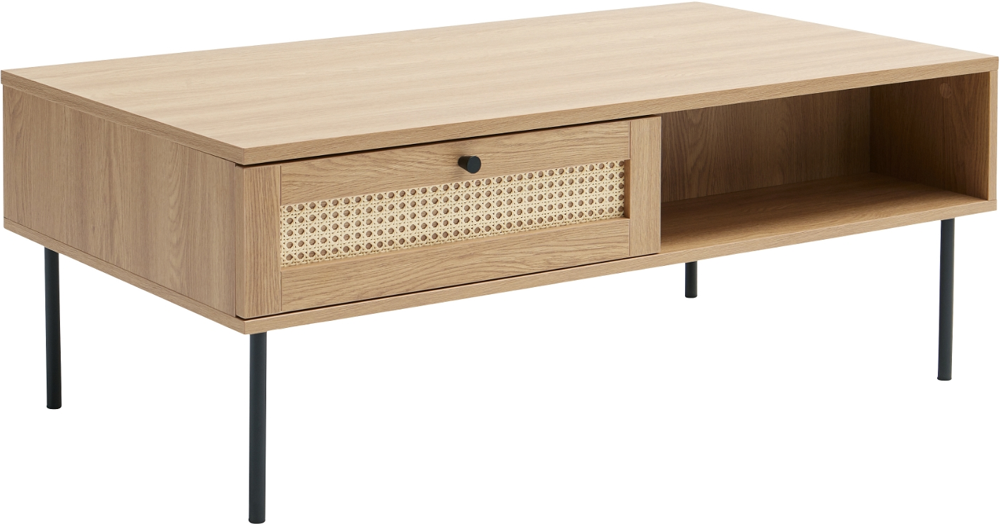 Sofabord Nordique Design Pensacola Natur Egetræ   Rattan Med Skuffe Og Metalben 110x60x42 Cm