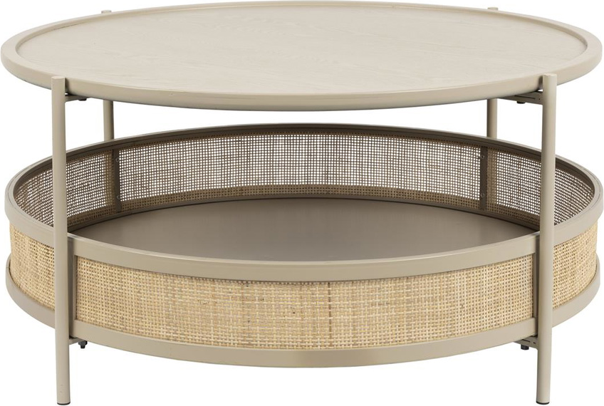 Sofabord Makoto Ø80 cm – Stenlysgrå Rattan & Metalstel