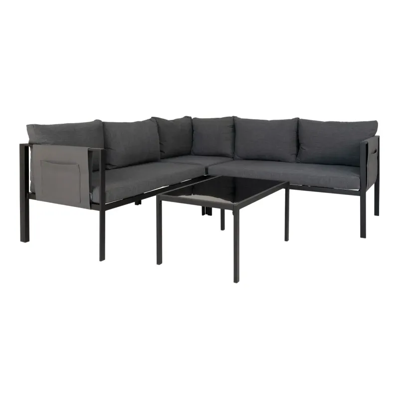 Sofasæt Cannes Sofasæt Sort Stel Med Mørkegrå Puder Inkl Bord Med Sort Glasplade 7702000
