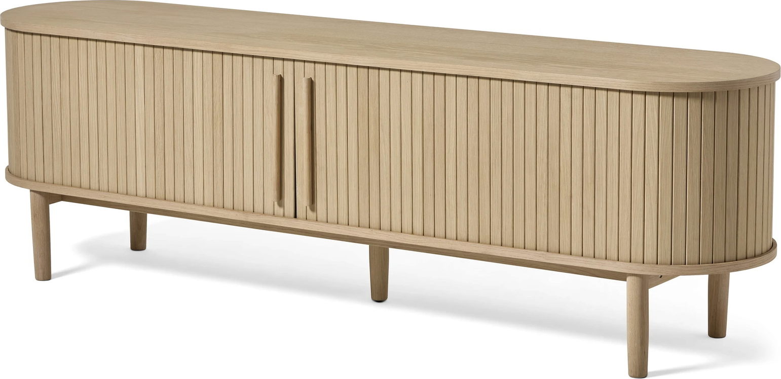 Tv-bord Nordique Design Meta   Hvidpigmenteret Egetræ  Skydelåger  Skjult Opbevaring  180x40x56 Cm  Nordisk Minimalisme