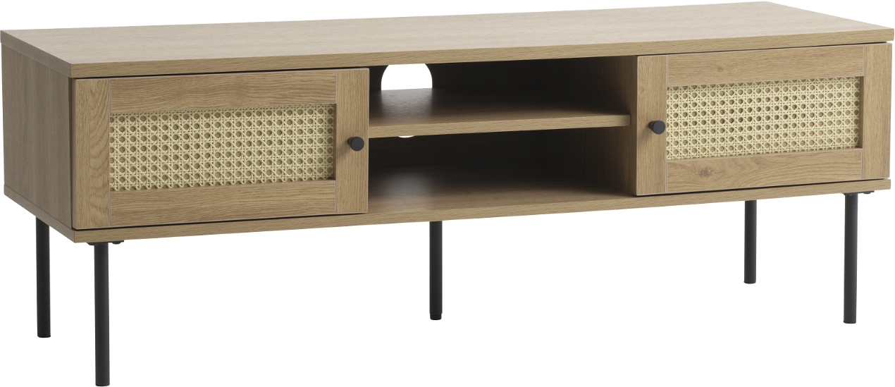 Tv-bord Nordique Design Pensacola Natur Egetræ Med Rattan  L120   D40   H43 Cm Med   Døre Og Hylde