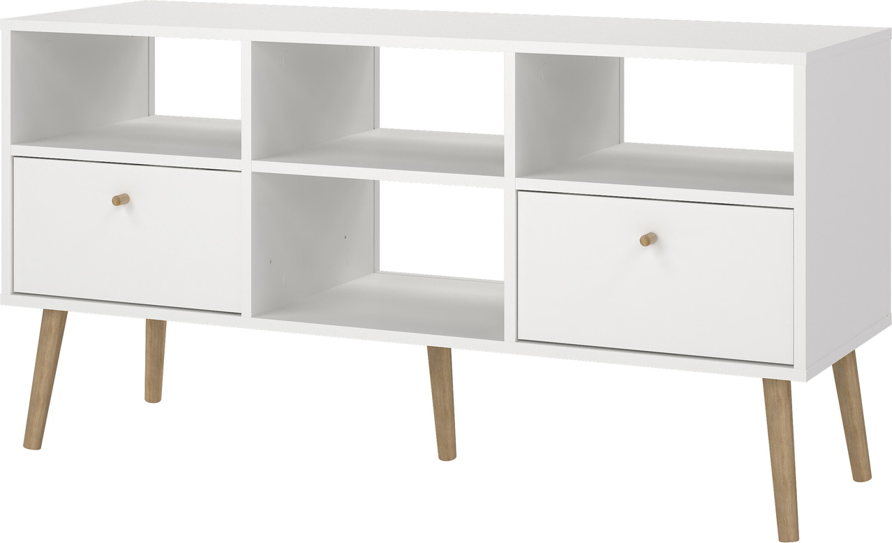 Tv-bord Vesterholm Bodo Hvid Tv-møbel   Skuffer   åbne Rum Folieret Spånplade Træhåndtag Antivæltningsbeslag H61xb117xd39 Cm