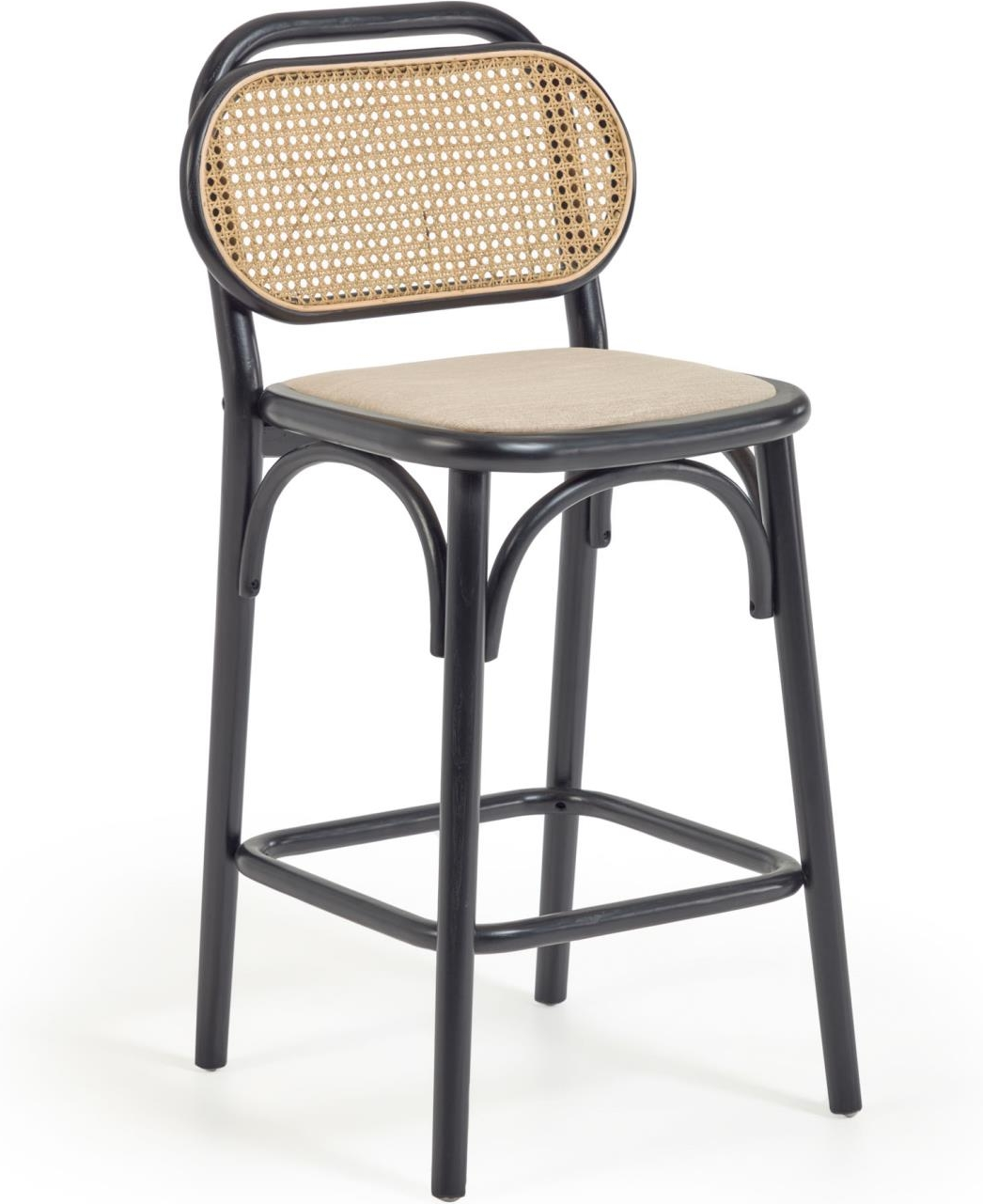 Udendørs Barstol Kave Home Doriane Massivt Elm Og Håndvævet Rattan Med Vandafvisende Polstring Sort H97xb46xd47 Cm