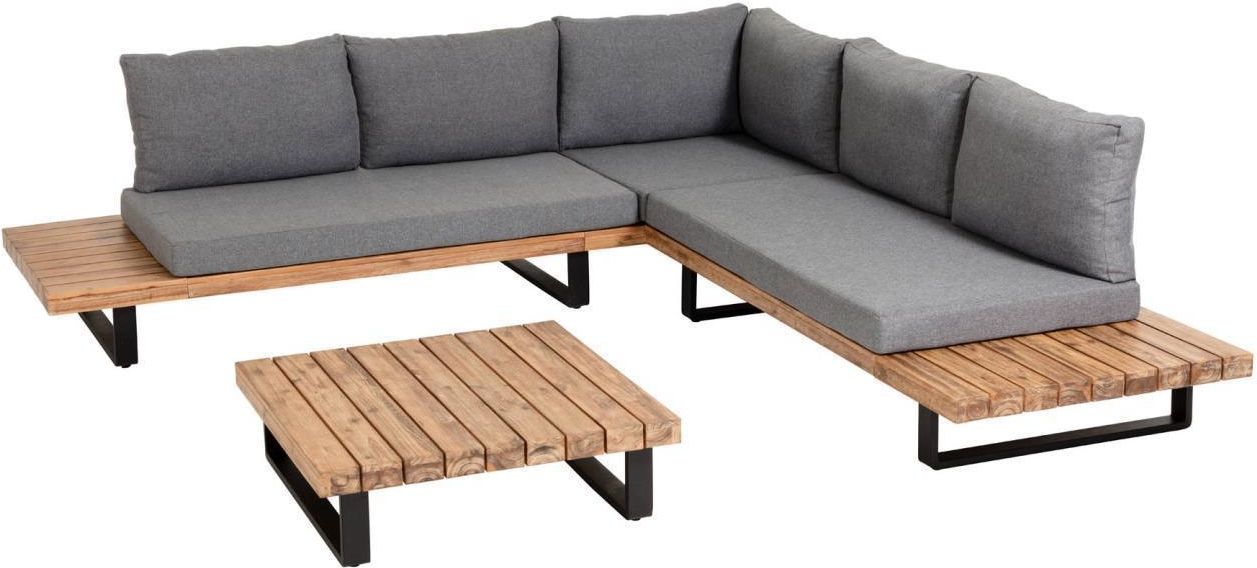 Udendørs Loungesæt Kave Home Zalika Hjørnesofa Sofabord Akacietræ Og Aluminium Med Grå Hynder 255x255 Cm