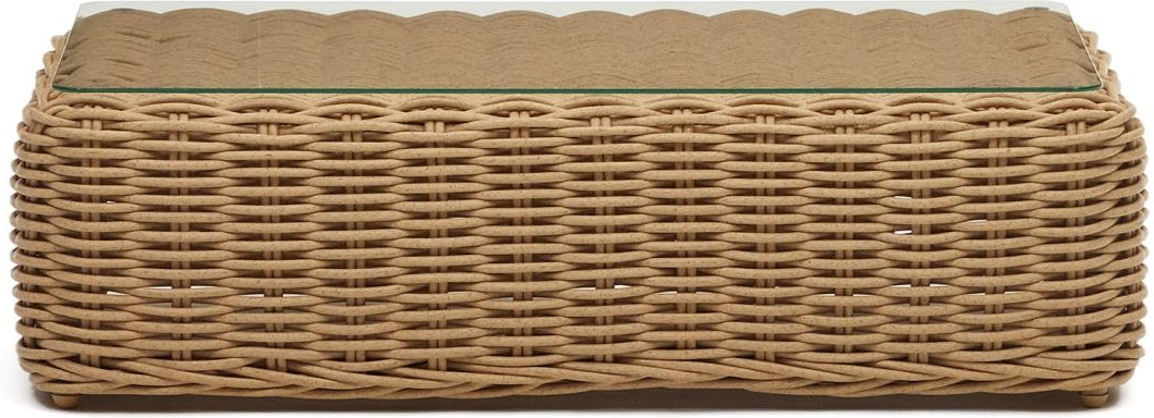 Udendørs Sofabord Kave Home Portlligat Kunstigt Rattan Med Glas 112x62 Cm Beige Hvid
