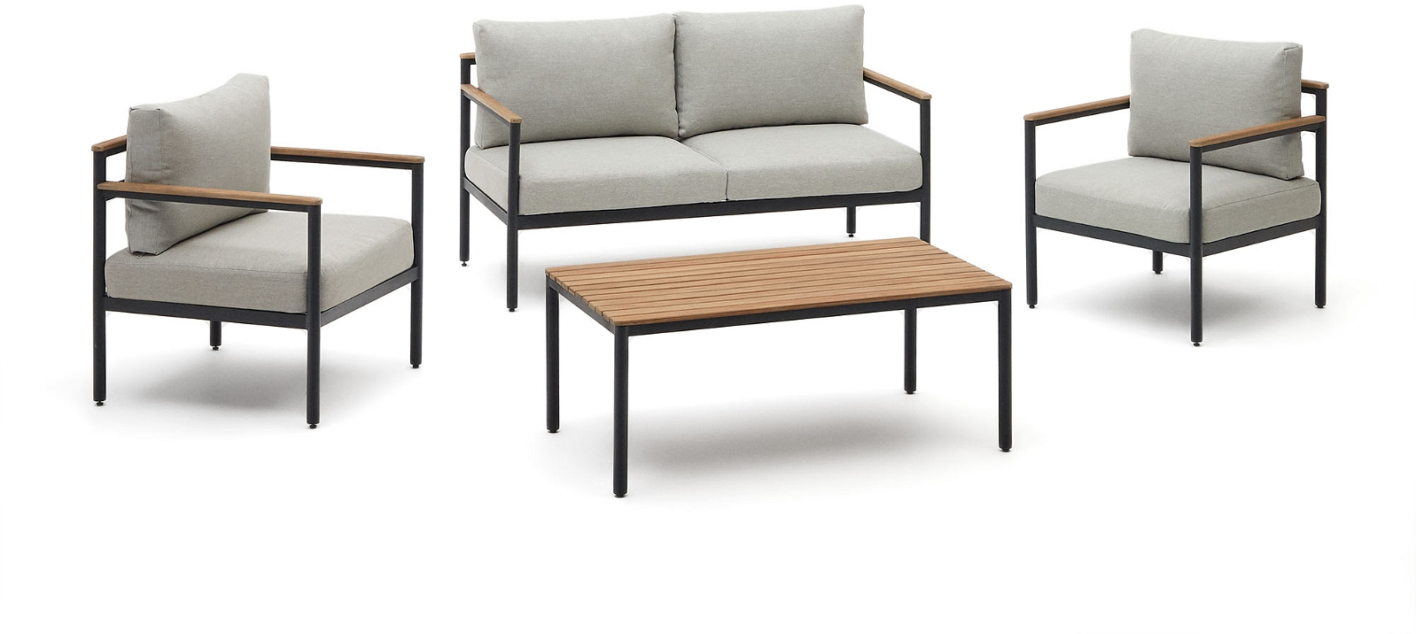 Udendørs Sofasæt Kave Home Aiguafreda Rustik Kolonial Loungesæt Aluminium Akacietræ Med Sofa Lænestole Og Bord