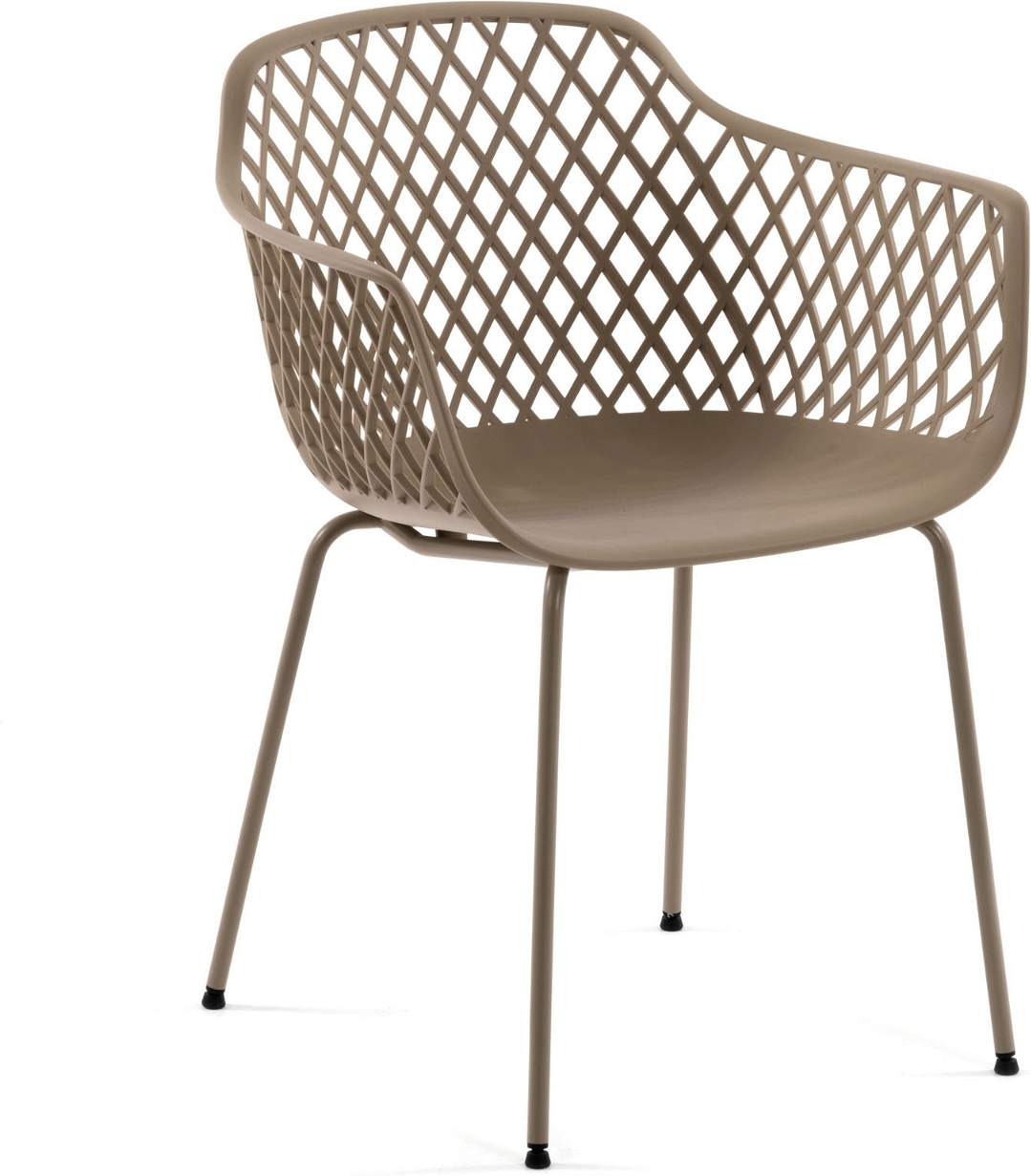 Udendørs Spisebordsstol Havestol Med Armlæn Kave Home Quinn   Brun Netmønster  Polypropylen Stål  Uv-bestandig