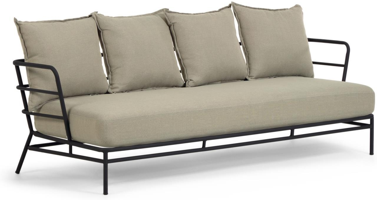 Udendørs 3-personers Loungesofa i Sort Stål med Beige Puder