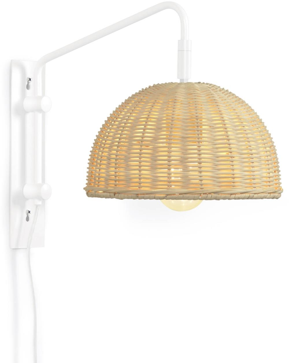 Væglampe Kave Home Damila   Kolonialt Design   Rattan   Hvidt Metal  Justerbar Højde