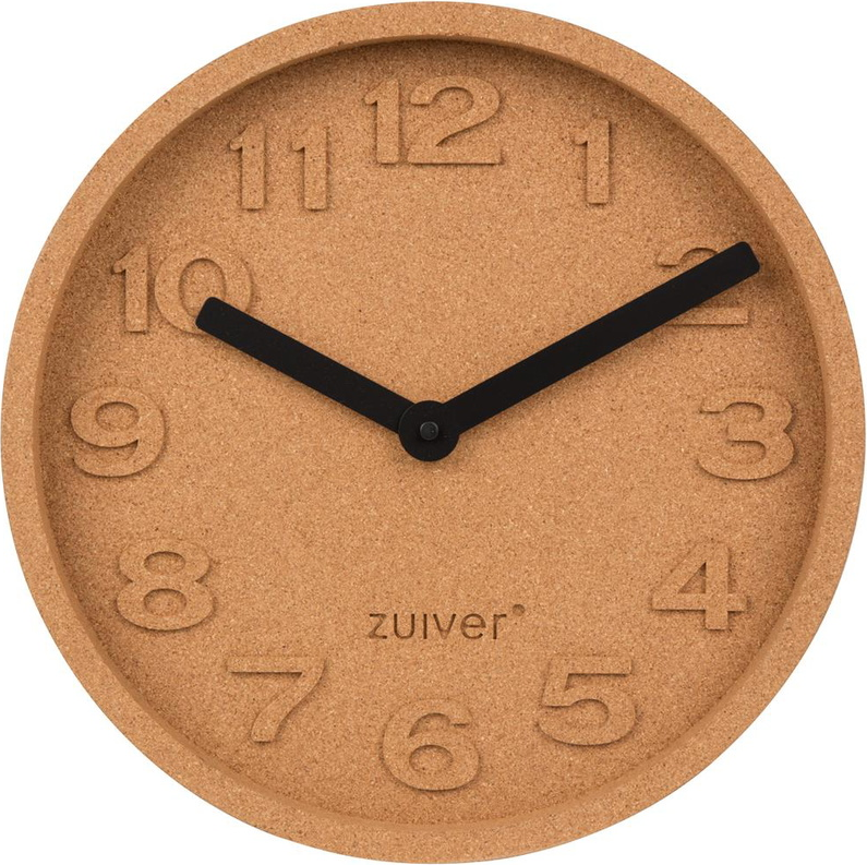 Vægur Zuiver Cork Kork Nougat ø31 Cm Mat Finish Med Formstøbte Tal Og Markante Visere